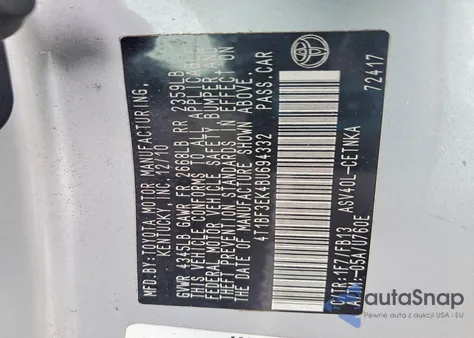 2011 Toyota Camry Base from USA, damaged, VIN 4T1BF3EK4BU694332